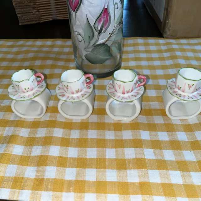 4 Tea Cup and Saucer Ceramic Napkins Rings Cottage Core Shabby Chic Roses