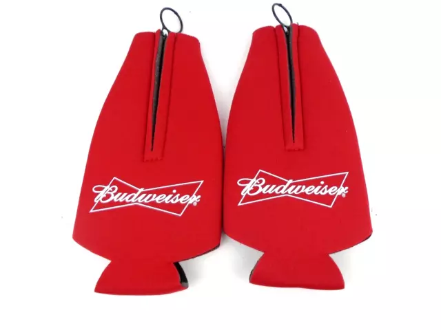 2 Budweiser Logo Beer Bottle Zipper Suit Cooler Koozie Coolie Bud Red NEW