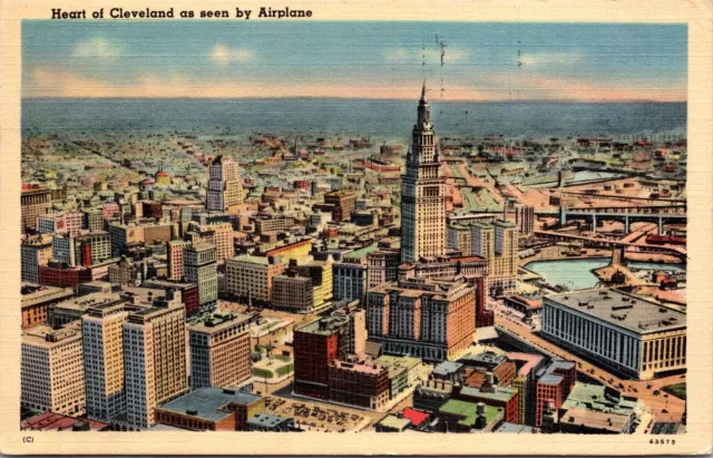 Cleveland Aerial view Seen By Airplane Ohio Posted 1941 Linen Postcard 9G