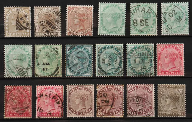 India - 18x Queen Victoria used stamps - 9 pies to 12 annas values