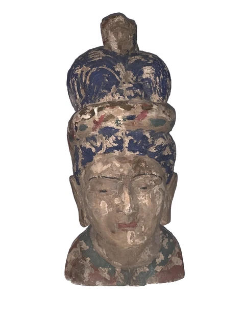 Vintage Hand Carved Painted Wooden Buddha Head With Snake RARE! 16” Antique