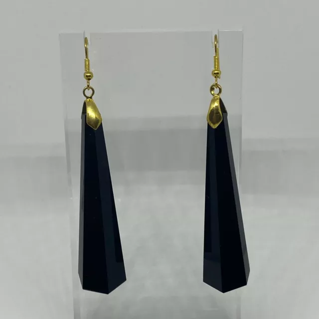 VERY LONG GORGEOUS TAPER BLACK GLASS ART DECO STYLE EARRINGS GOLD PLATED hook