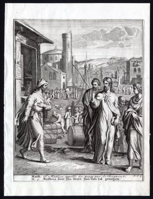 Antique Bible Print-N.T.5-MATTHEW-CALL-JESUS-PETER-TAX-Halma-Scheits-1710