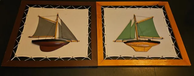 Pair of Handmade Wooden Sailboats on Canvas Inside Frame 18" x 17" Beach House