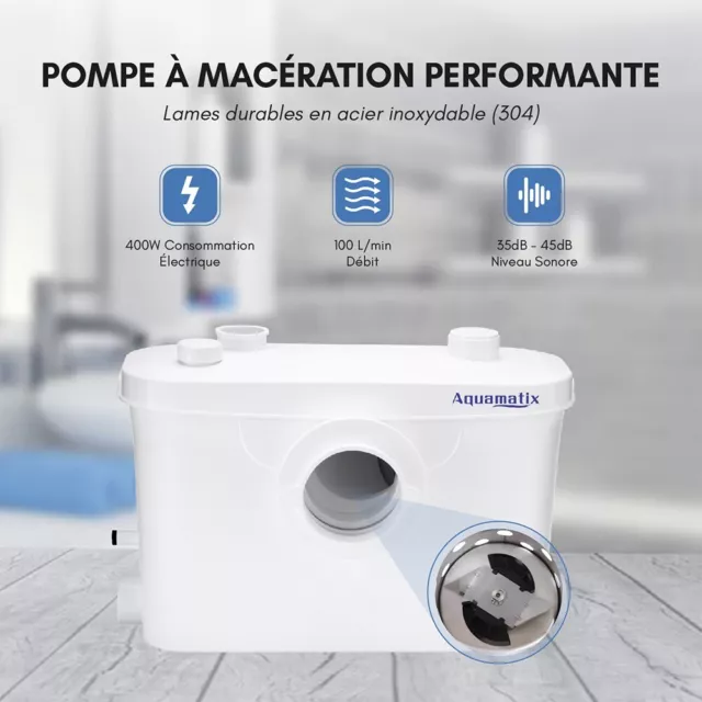 Aquamatix Broyeur Sanitaire 400W filtre à charbon 100L/min 7m avec 3 entrées WC 2
