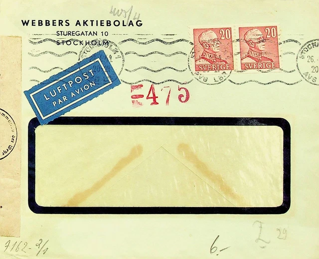 SWEDEN 1944 WWII 2x20o ON CENSORED AIRMAIL WINDOW COVER FROM STOCKHOLM