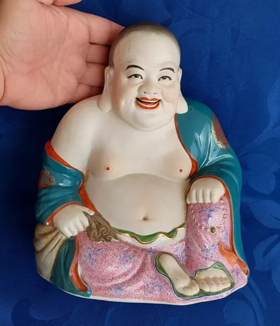 Antique Marked Famille Rose Chinese Porcelain Bisque Laughing Buddha Statue 9"