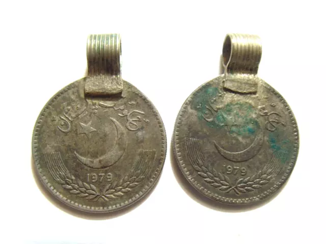 2 vintage Large tribal Islamic crescent moon star silver coin pendants 52269