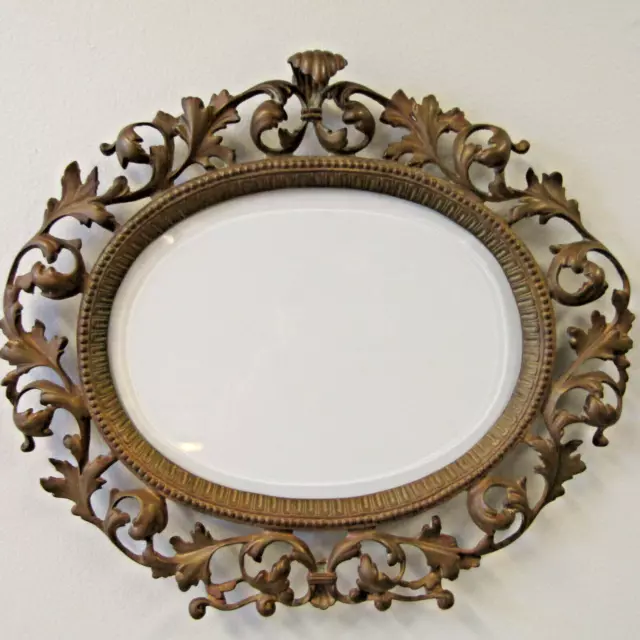 Antique Baroque Ornate Gilt Brass Oval Wall Frame With Beveled Glass 15" x 18"