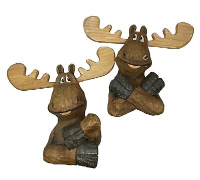 VTG Lot of 2 Hand Carved Wooden Moose Hanging Folk Art Wall Decor Cabin 10x10.5