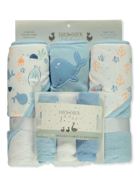 Duck Duck Goose Baby Boys' 6-Piece Washcloths & Hooded Towels Set - white/blue,