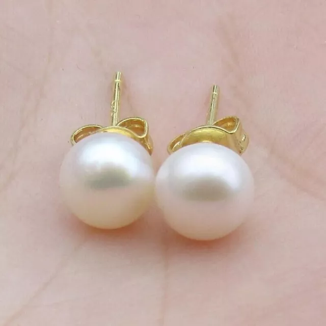 Nice AAA  11-10mm South sea White Natural Pearl Stud Earrings 14k Gold
