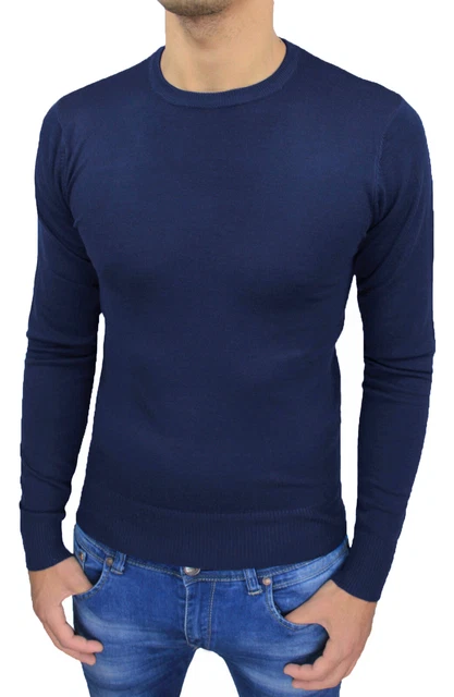 MAGLIONE PULLOVER UOMO BLU SLIM FIT CASUAL INVERNALE MAGLIONCINO da M a XXXL