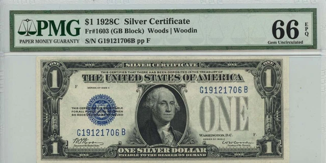 1928C $1 Silver Certificate Blue Seal FR#1603 PMG Gem66 EPQ