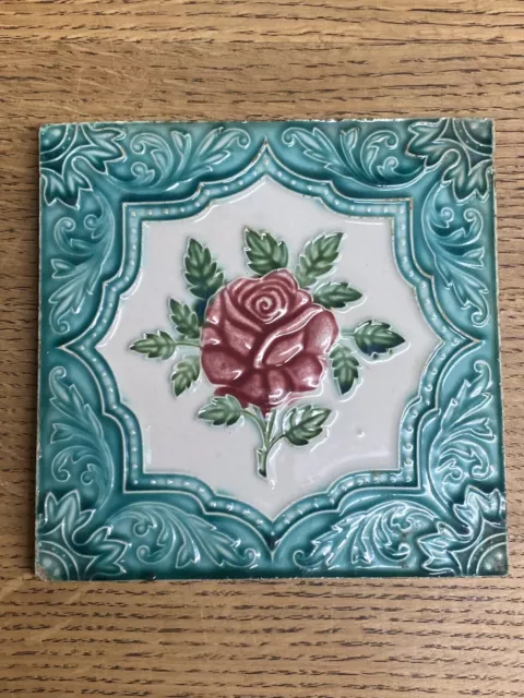 Vintage Red Rose Tile - Stamped Gwalior (Indian) - Majolica Style