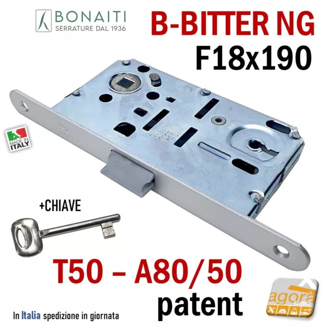 SERRATURA PORTA PATENT FRONTALE 18x190mm BONAITI ARGENTO CROMO +CHIAVE E50 IDOOR