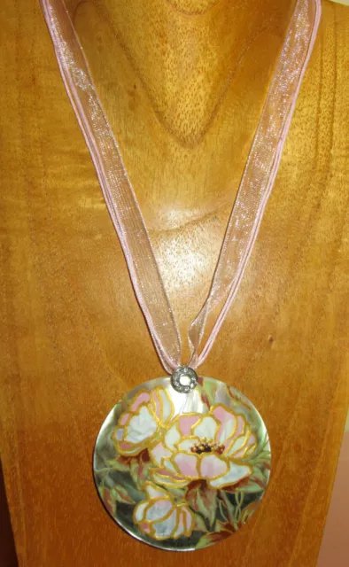 Shell Pendant PEONIES FLOWERS Genuine Russian ART hand painted Pinky White Peony 3