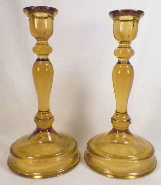 Pair 76 Amber Candlesticks U.S. Glass Depression Era Single Lite Vintage 1925