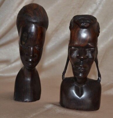 Vtg Hand Carved Wood Statues Man Woman Couple Heads Faces African Tribal Heavy