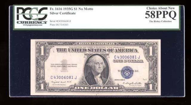 DBR $1 1935-G Silver Fr. 1616 No Motto CJ Block PCGS 58 PPQ Serial C43006081J