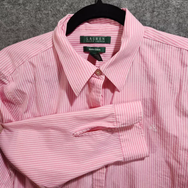 Lauren Ralph Lauren Shirt Size Large Womens Pink White Stripe Button Up Non Iron