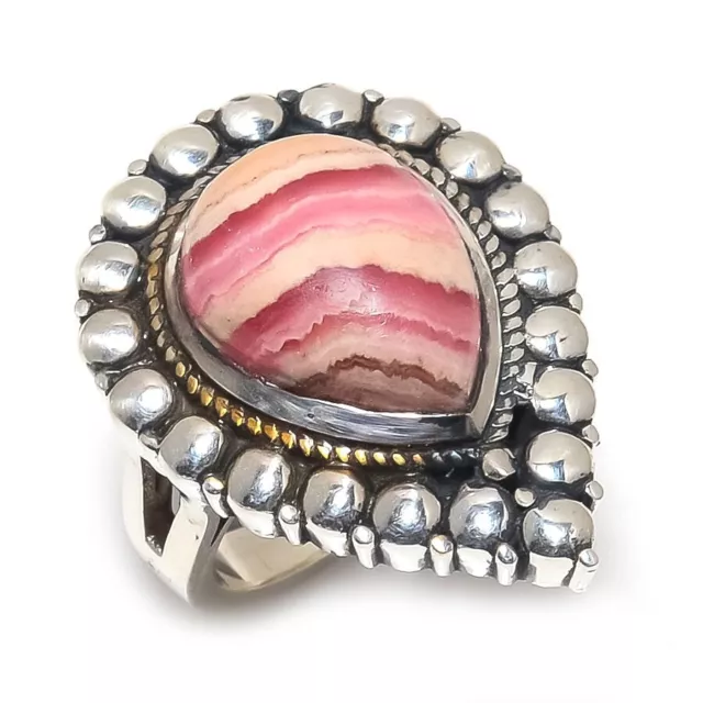 Striped Rhodochrosite Gemstone Handmade Silver Jewelry Artisan Ring Size 7