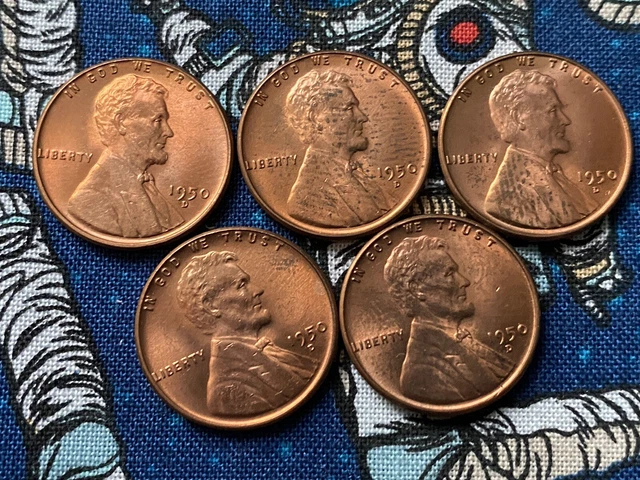 1950 D RED Lincoln Wheat Penny Cent UNCIRCULATED GEMS 5 PENNIES Nice Date