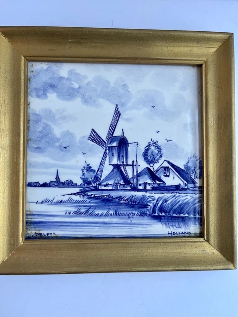 Antique Delft Holland Gold Leaf Framed Tile Windmill Blue White Tile Netherlands