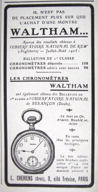 Publicité De Presse 1906 Les Chronomètres Waltham - L.chehiens Paris