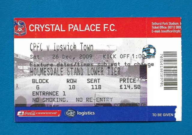 Ticket Stub - Crystal Palace v Ipswich Town 2009/10