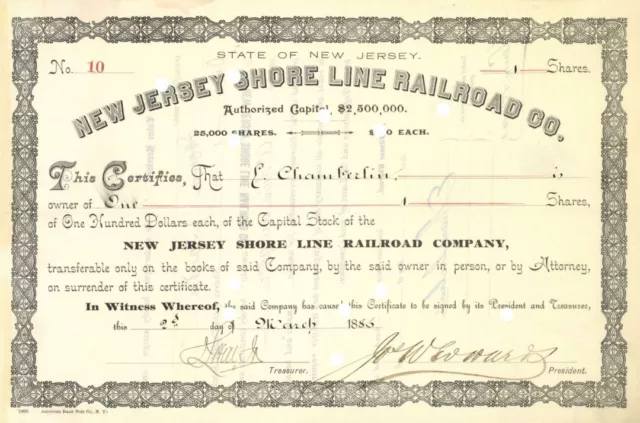 New Jersey Shore Line Railroad Co. - 1886 dated New Jersey Railway Stock Certifi