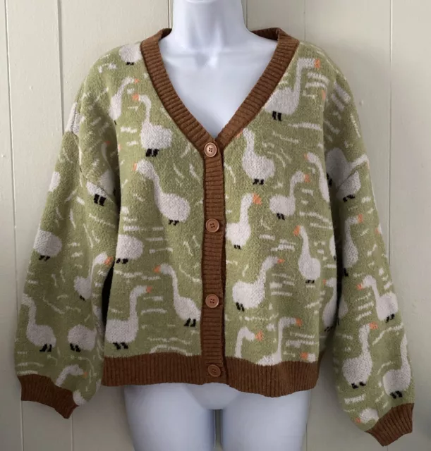 Cider V-neck Duck Goose Novelty Print Button Down Cardigan Green Sz XL