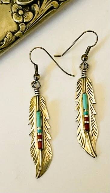 Vintage Native American Turquoise & Coral 925 Feather Dangle Pierced Earrings
