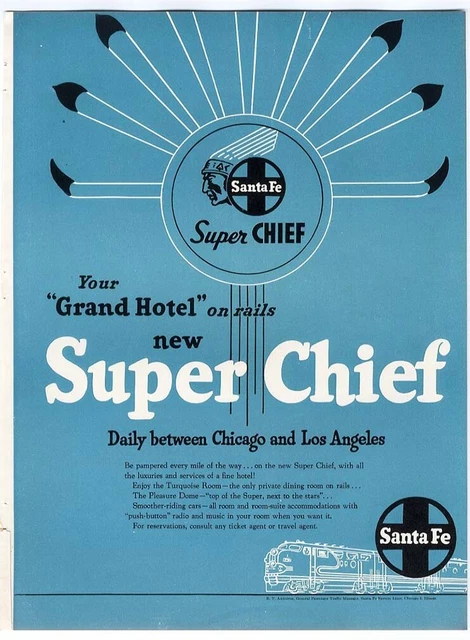 Santa Fe SUPER CHIEF Train Travel Ad 1951 Turquoise Grand Hotel on Rails