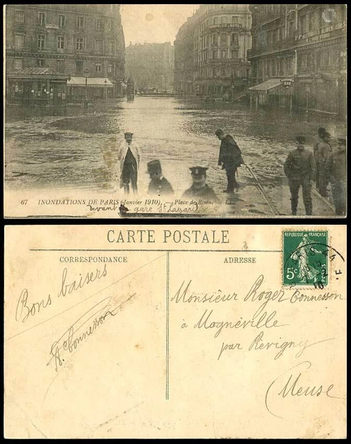 PARIS FLOOD 1910 alte Postkarte Place de Rome Straße kosmopolitisches Hotel Bar L.L. 67