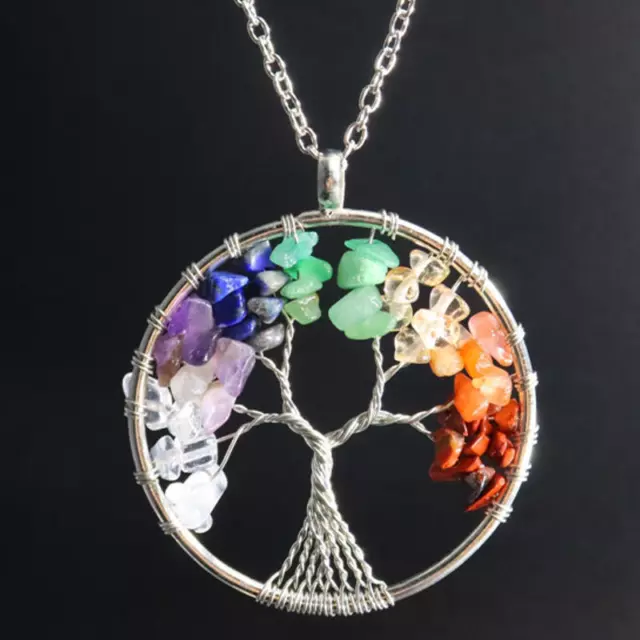 Tree of Life Pendant Necklace Natural Gemstone 7 Chakra Healing Crystal Charm