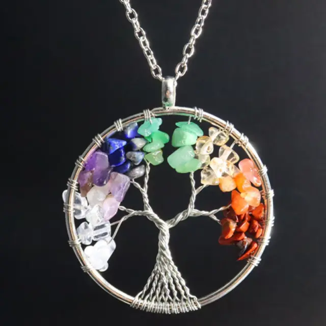 Tree of Life Pendant Silver Necklace Natural Gemstone 7 Chakra Healing Crystal