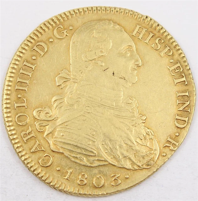 1803 Colombia 8 Escudos Gold Coin P JF KM#62.2 complete edge milling AU