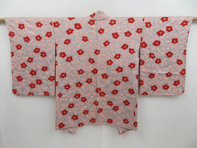 3218T10z600  Japanese Kimono Silk SHIBORI HAORI Flower Light gray