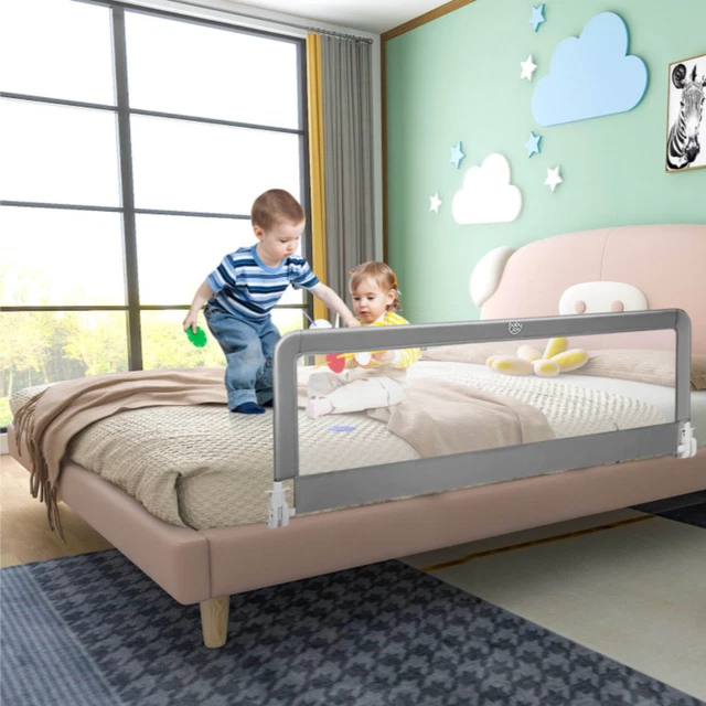 59 Inch Folding Breathable Baby Bed Rail Guard with Safety Strap Gray