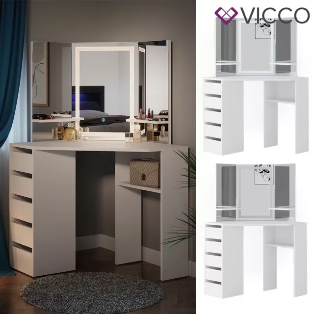 Coiffeuse en angle Table de coiffage Arielle blanc Miroir LED Vicco