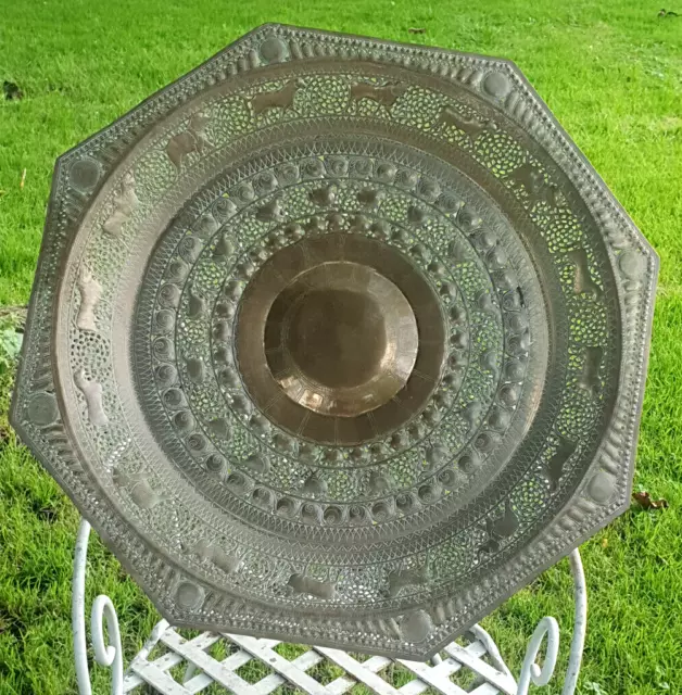 Large Repoussé Octagonal Copper Tray Decorated with Swirls Animals (Late 19thC)