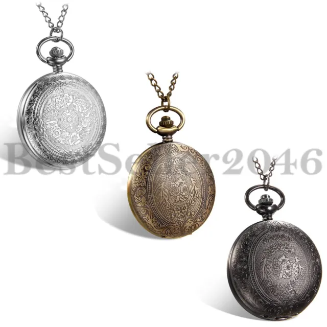 Fashion Vintage Carved Pattern 24H Dial Quartz Pocket Watch Pendant Necklace