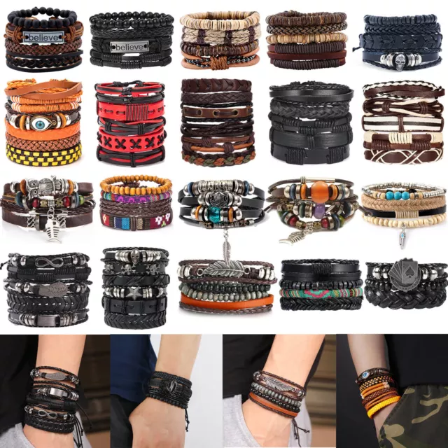 Mens Boys Handmade Leather Braided Surfer Wristband Bracelet Bangle Wrap Gifts