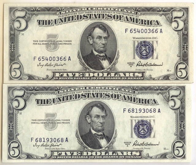 Lot of TWO - $5.00 Silver Certificate + 1953 A + No Reserve!