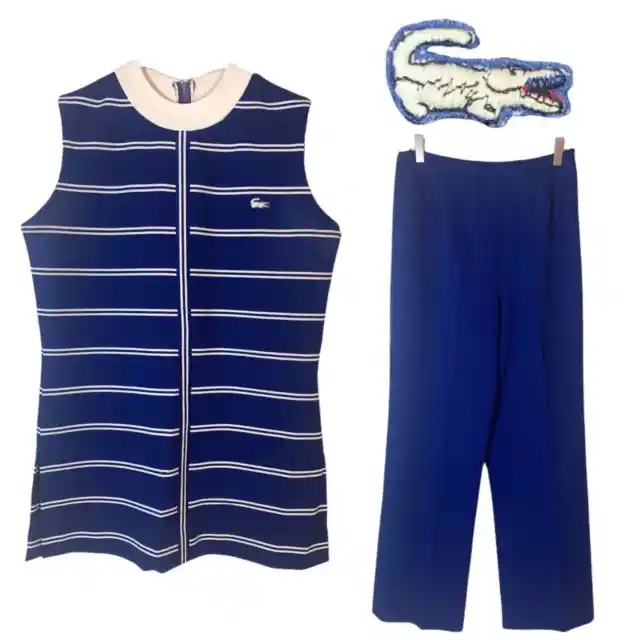 Vtg 60s / 70s David Crystal Lacoste Blue Stripe Preppy Polyester Shirt Pants Set