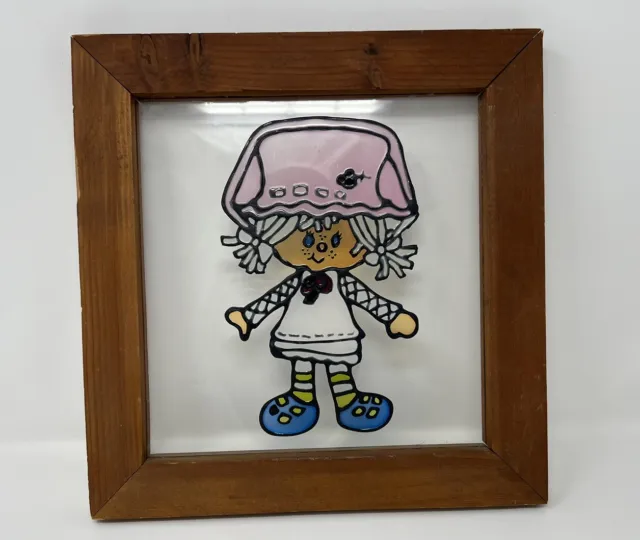 Vintage Strawberry Shortcake Blueberry Muffin Stained Glass Framed Rustic Wood