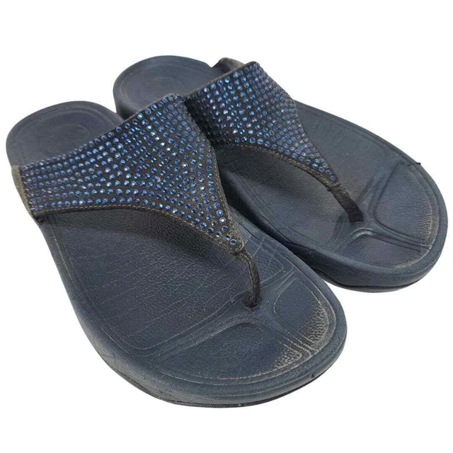 Fitflop Lulu Rhinestone Sandals 5 Blue Black Crystal Toe Post Wedge Thong 2