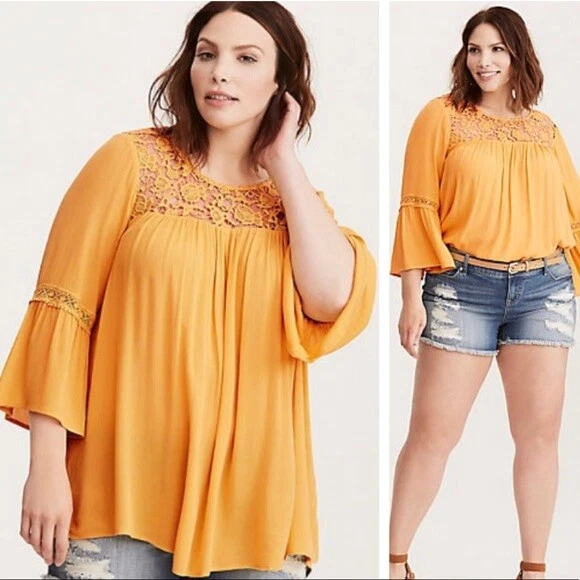 Torrid Lace Inset Crinkled Gauze Blouse 1X Bell Sleeve Yellow Boho Size 1