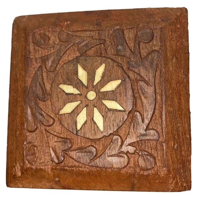 Vintage Small Wood Trinket Box Hand Carved Square Ornate Teak Floral Shell Inlay